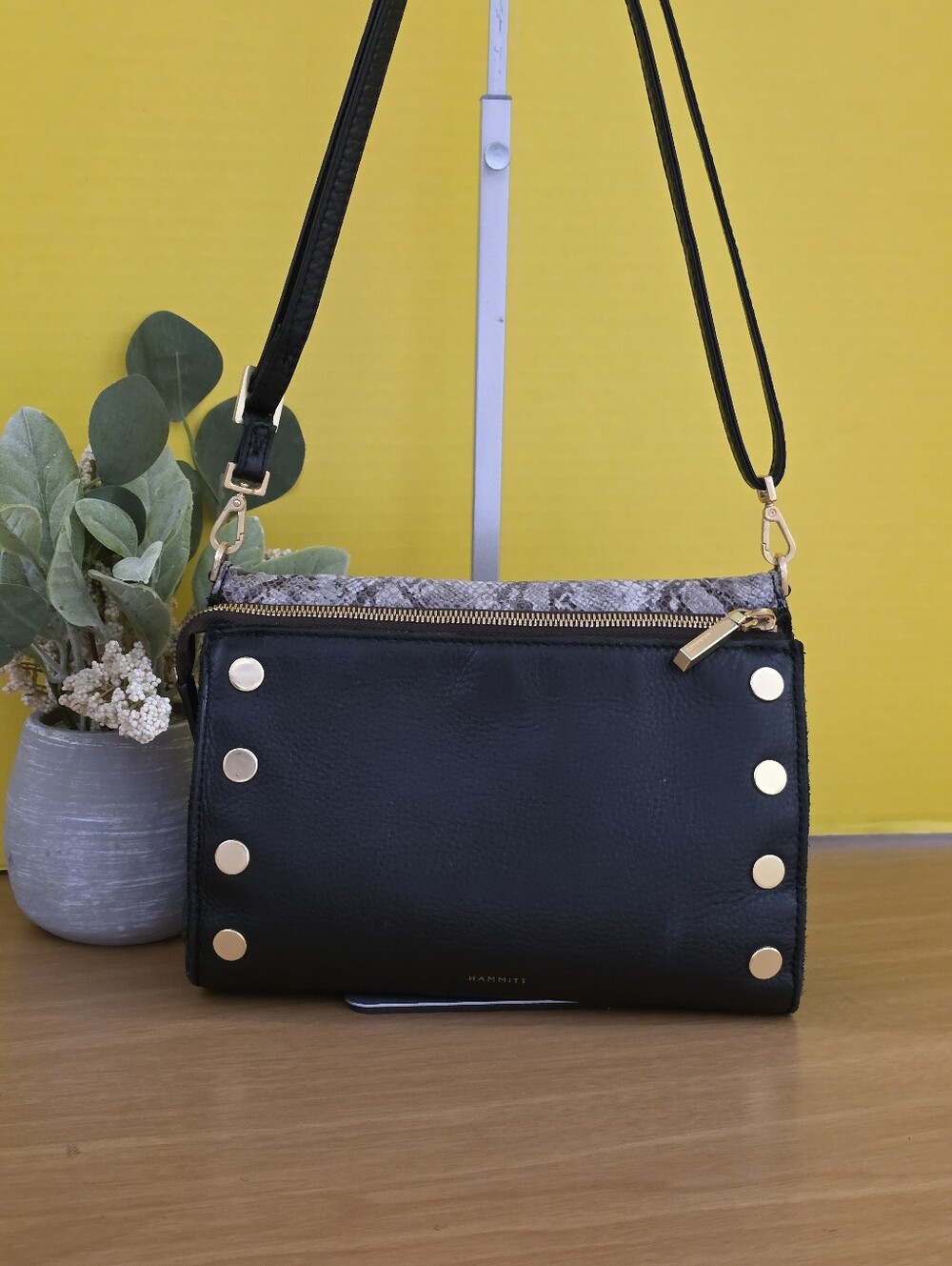 Black Crossbody Shoulder Bag with Gold Accents